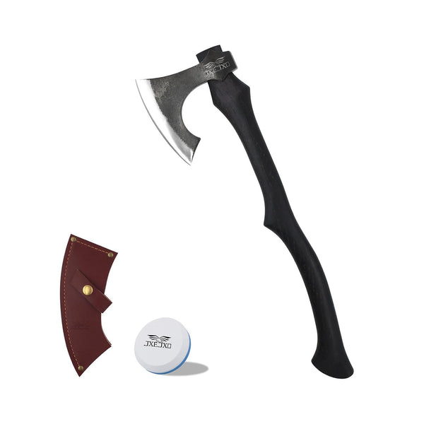 JXEJXO Camping Axe22.8″Heavy-Duty Hand-Forged 1065 Carbon Steel with Black Wooden Handle,for Camping&Garden Use,Sharpening Suit Included