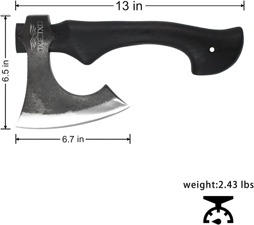 13 Inch Hatchet, Camping Hatchet 1065 High Manganese Steel, Hickory Handle Tomahawk Axe with Leather Sheath