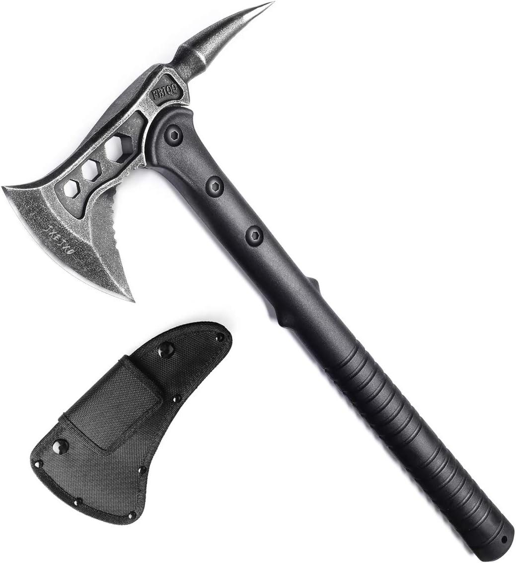 JXE JXO Camping Axe, Throwing Tactical Tomahawk with Spike, Survival Hatchet with Sheath, Nylon Fiber Handle for Outdoor Survival Hiking Camping （14.5 inch）