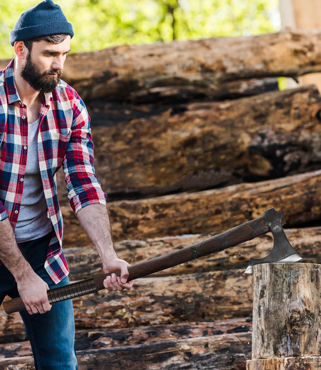 31.5 Inch Axe, Splitting Axe 1065 High Manganese Steel, Hickory Handle with Leather Sheath
