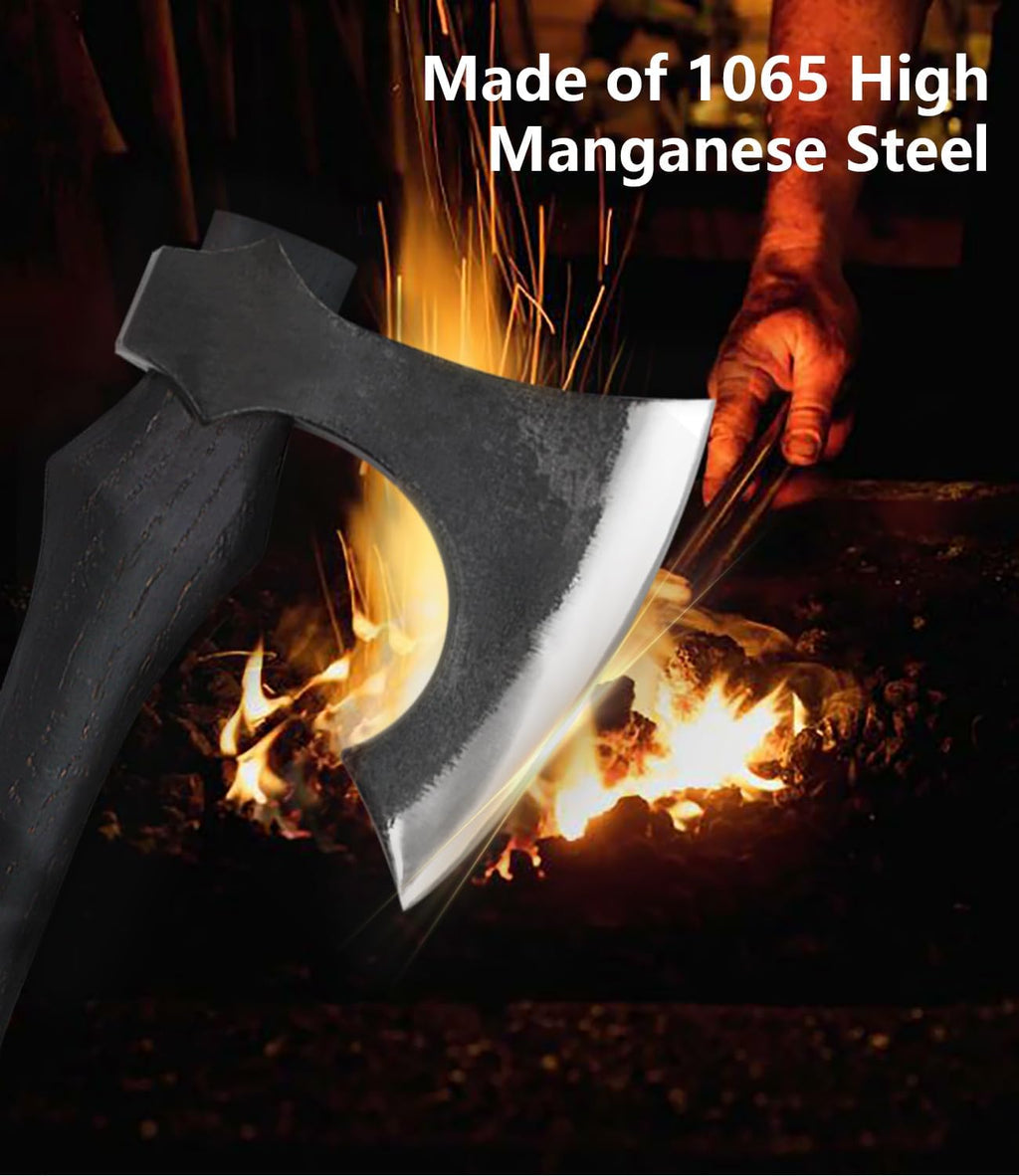 JXEJXO Camping Axe22.8″Heavy-Duty Hand-Forged 1065 Carbon Steel with Black Wooden Handle,for Camping&Garden Use,Sharpening Suit Included