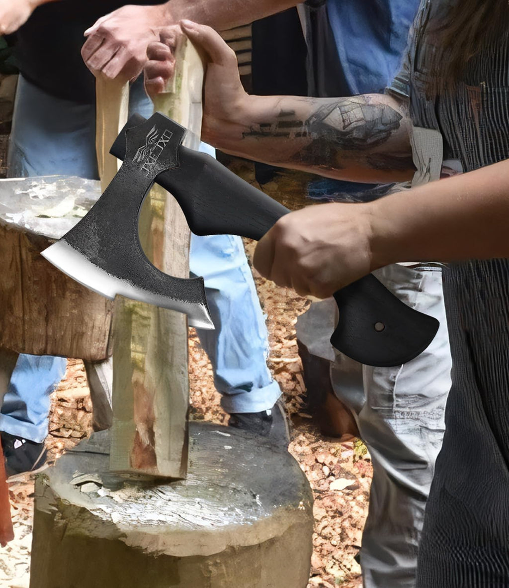 13 Inch Hatchet, Camping Hatchet 1065 High Manganese Steel, Hickory Handle Tomahawk Axe with Leather Sheath