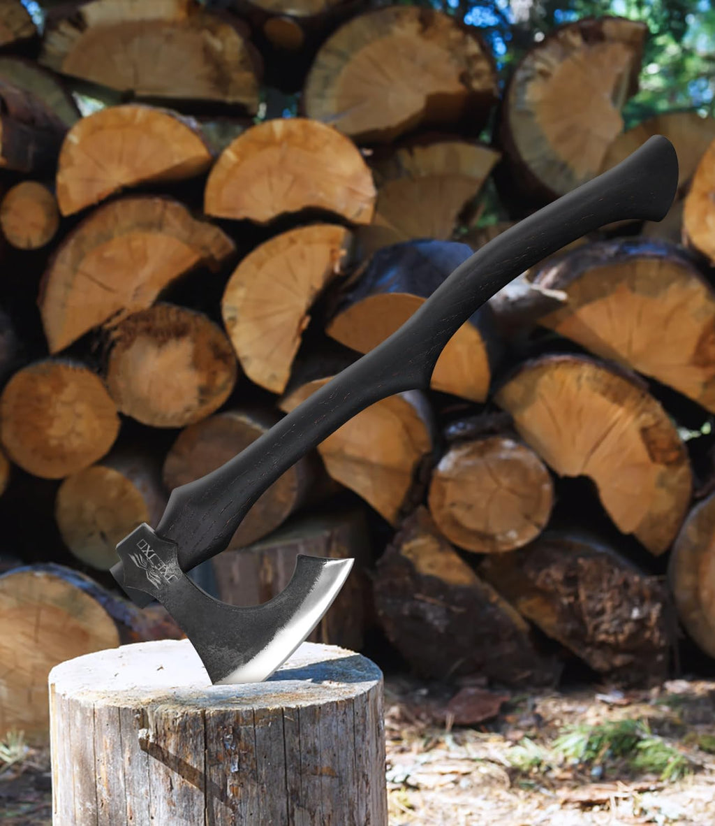JXEJXO Camping Axe22.8″Heavy-Duty Hand-Forged 1065 Carbon Steel with Black Wooden Handle,for Camping&Garden Use,Sharpening Suit Included