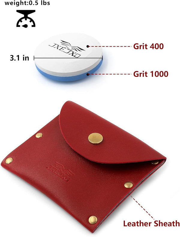 JXE JXO Knife/Hatchet Sharpening Stone – 400/1000 Grit Dual Grit Whetstone & Tool Sharpener with Leather Sheath