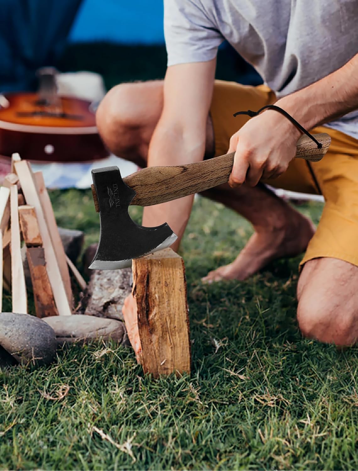 JXE JXO Hatchet, 14.5″ Camping Axe 1065 High Manganese Steel and Hickory Handle with Leather Sheath – Bushcraft Hatchet for Wood Splitting and Chopping