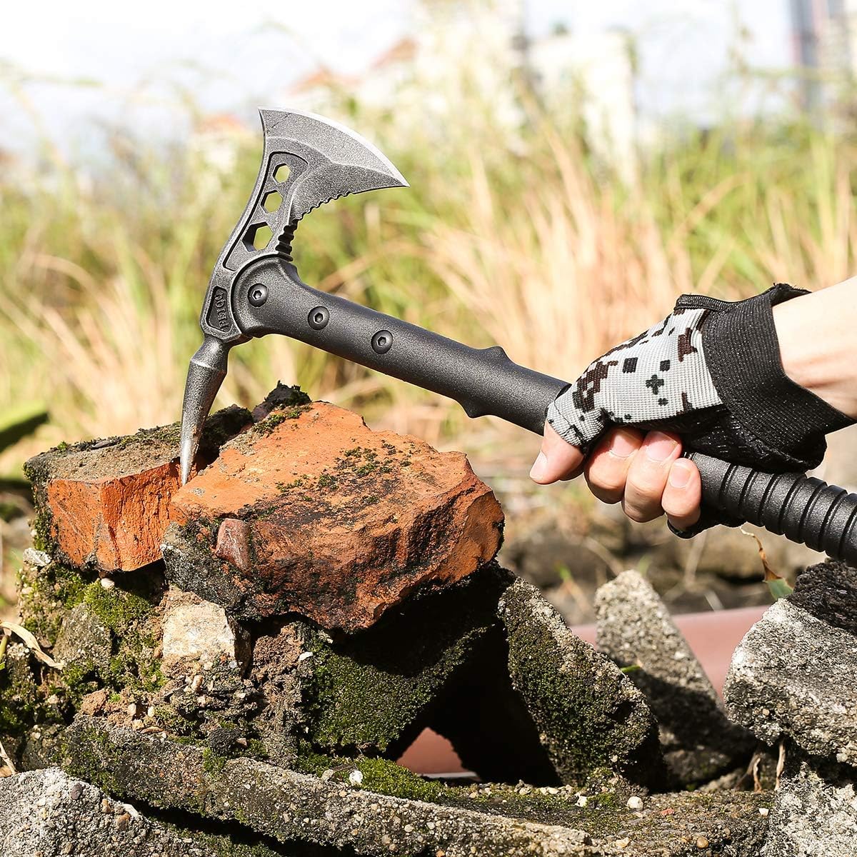 JXE JXO Camping Axe, Throwing Tactical Tomahawk with Spike, Survival Hatchet with Sheath, Nylon Fiber Handle for Outdoor Survival Hiking Camping （14.5 inch）