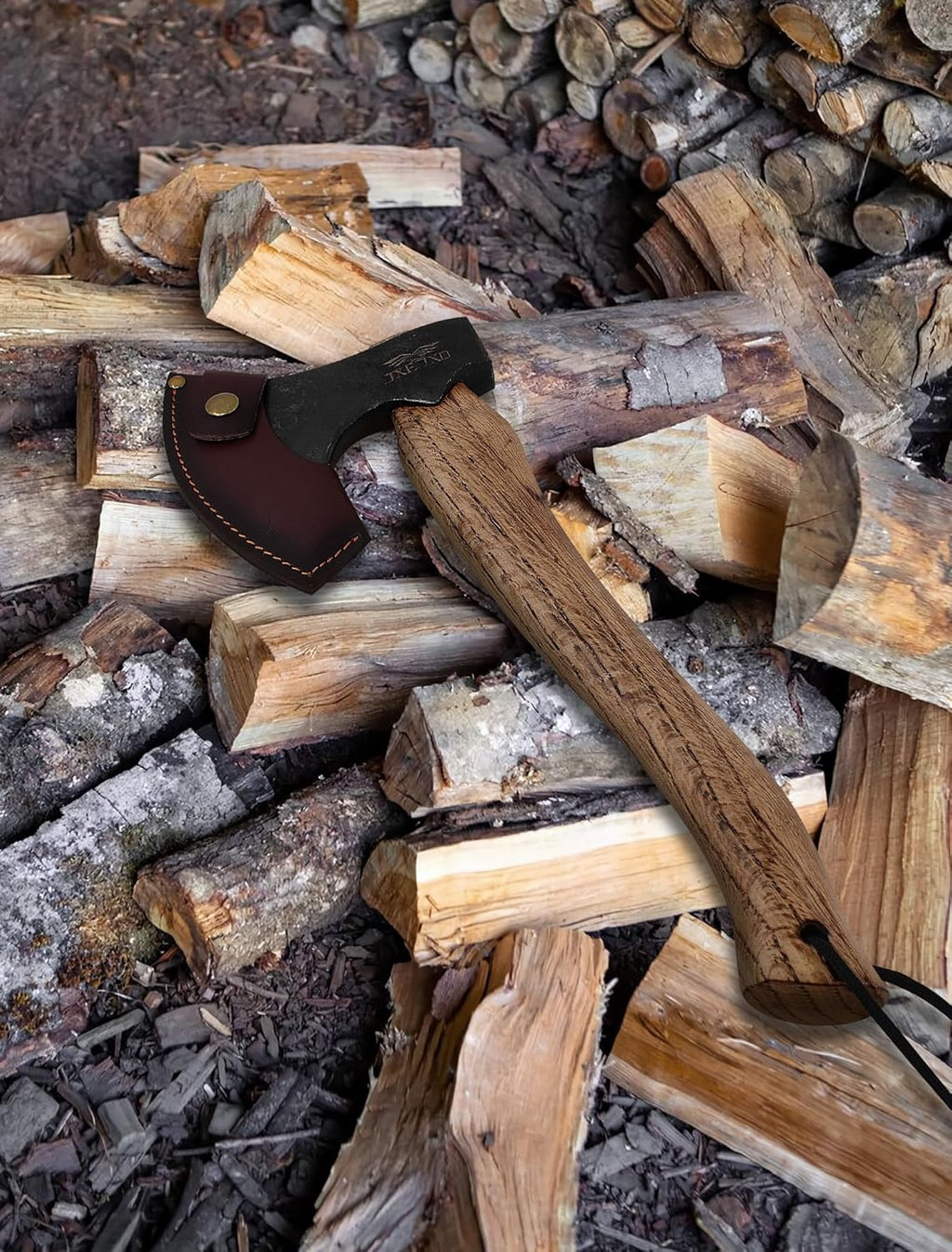 JXE JXO Hatchet, 14.5″ Camping Axe 1065 High Manganese Steel and Hickory Handle with Leather Sheath – Bushcraft Hatchet for Wood Splitting and Chopping