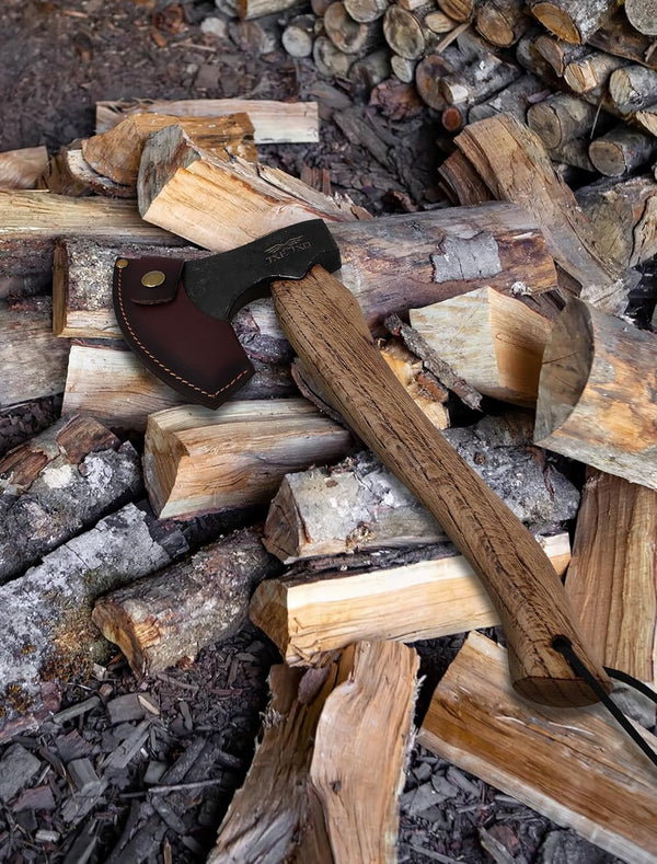 JXE JXO Hatchet, 14.5″ Camping Axe 1065 High Manganese Steel and Hickory Handle with Leather Sheath – Bushcraft Hatchet for Wood Splitting and Chopping